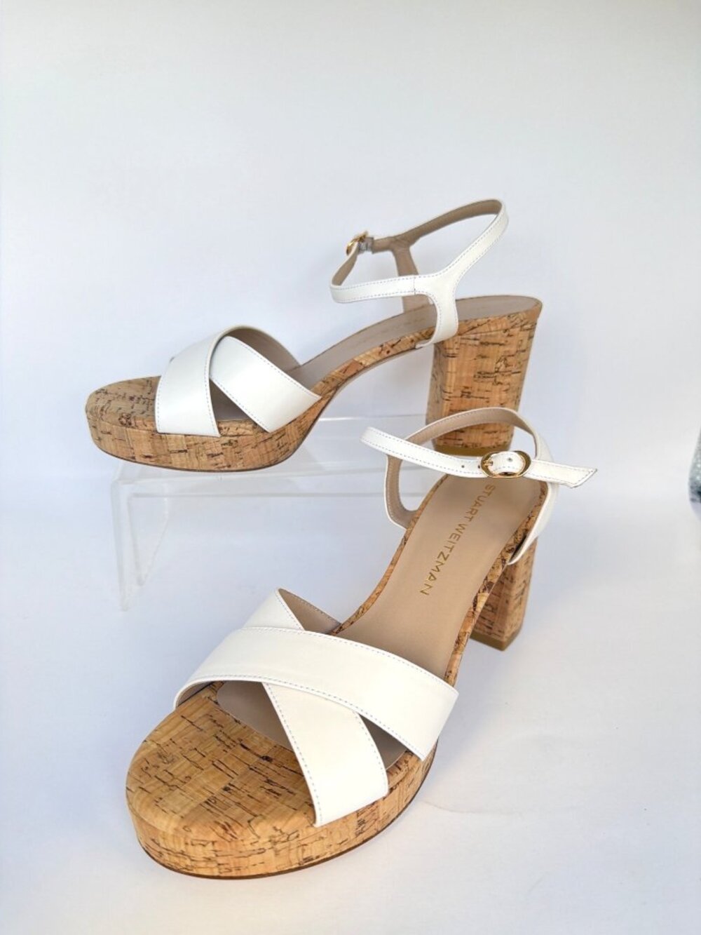 Stuart Weitzman Dayna Platform Sandals Cream Leather Block Cork Heel Sz 40 US9.5